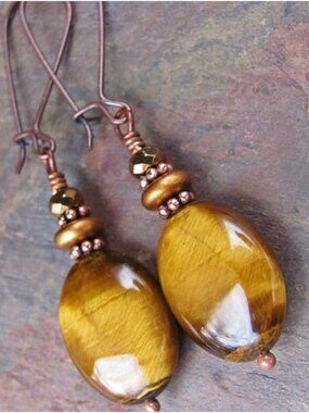 Golden Tiger Eye Gemstone Earrings in Copper